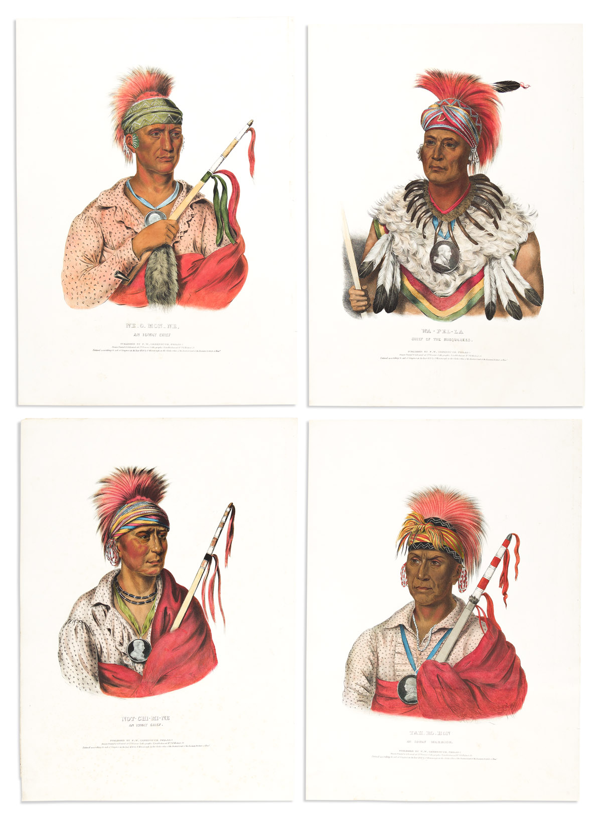 (NATIVE AMERICANS.) Thomas McKenney; and James Hall. Group of 4 hand-colored lithographed plates from the folio edition of